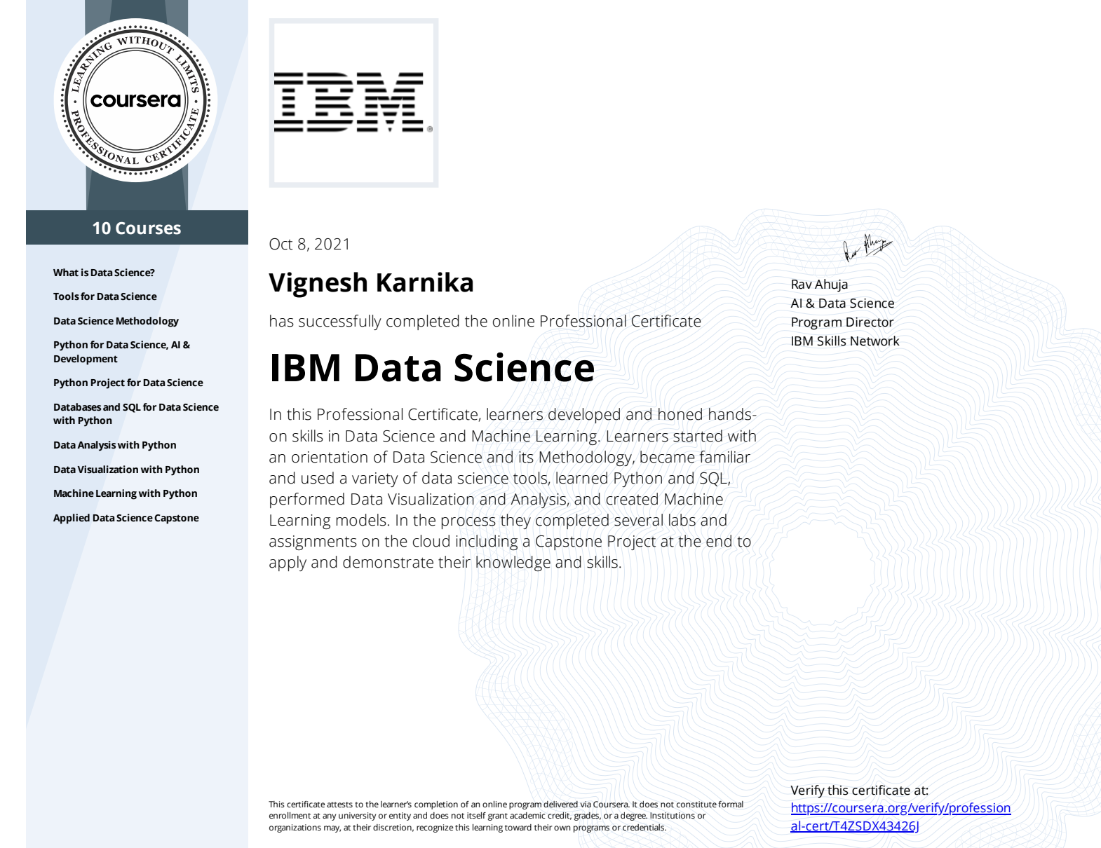 IBM Data Science Professional Certificate certificate